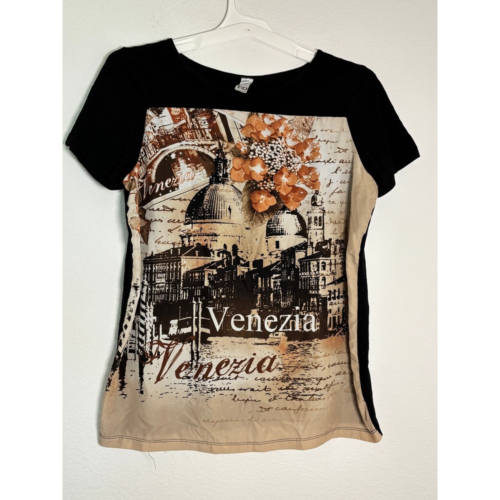 Thomas & Olivia Venezia Graphic Mixed Media Top Black Tan Size M